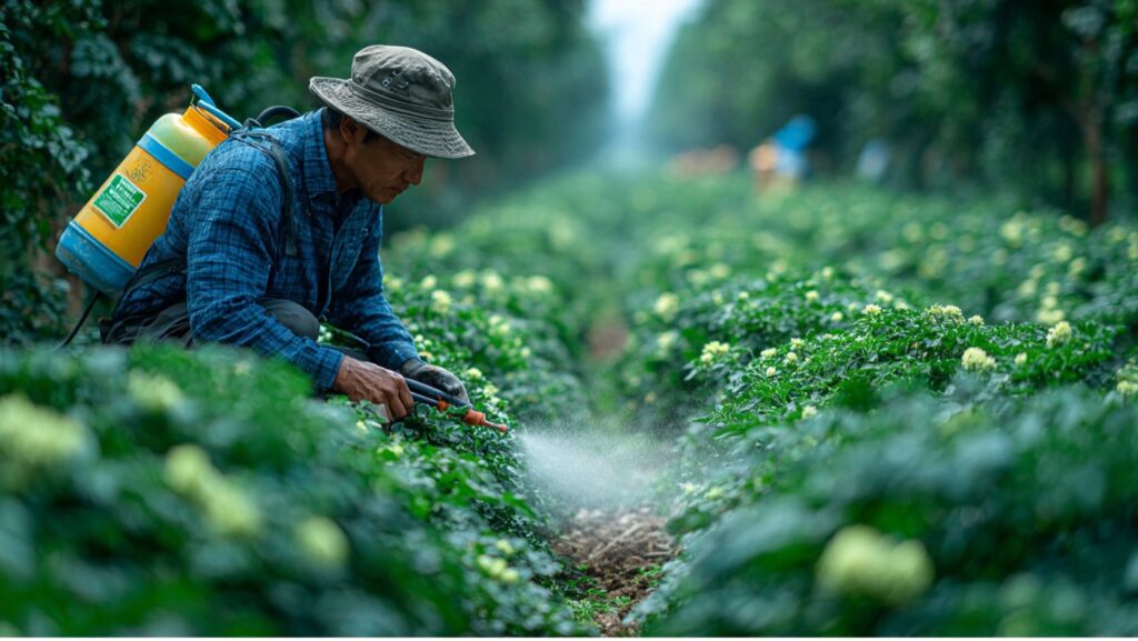 Farmer applying chemical fertilizer to his crops.