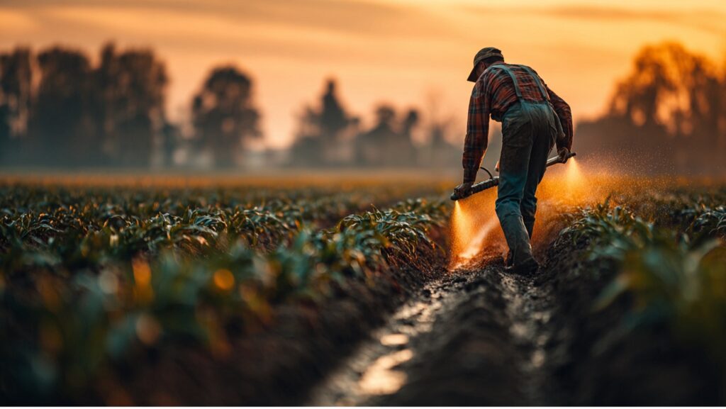 Applying harmful chemical fertilizer to the crops.
