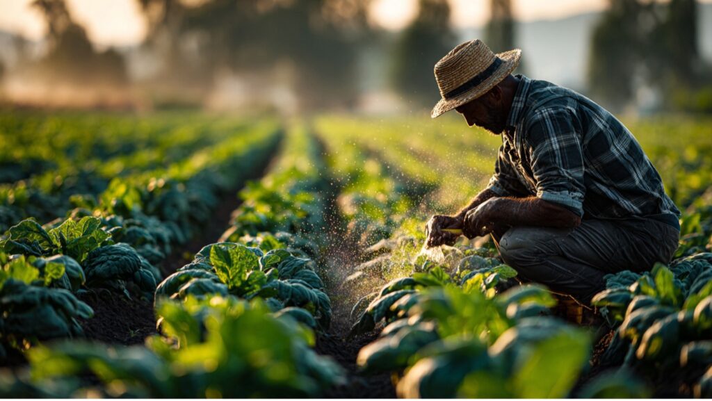 Farmer applying SumaGrow all-natural bio-fertilizer with microbes to his healthy crop.